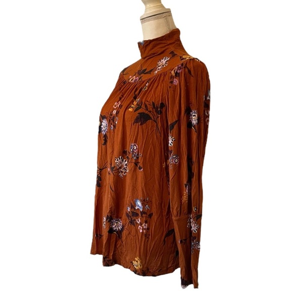 Ann Taylor Rust Floral Stretchy Turtleneck Puff Sleeve Women’s Small Blouse - Picture 2 of 13